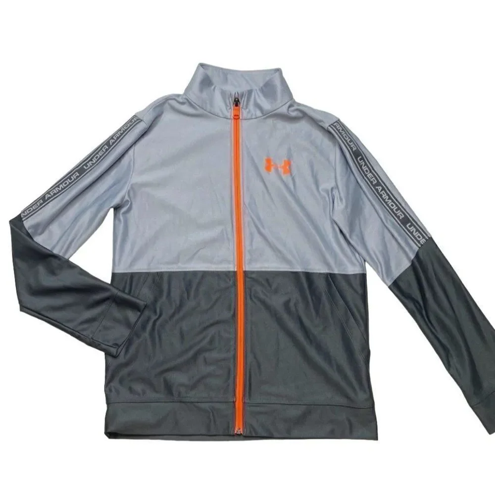 Boys Under Armour Gray Orange Full Zip Track Jacket‎ Loose HeatGear Large YLG